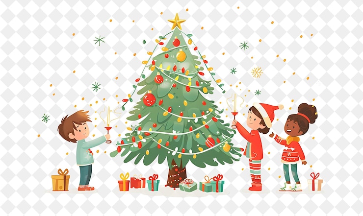 PSD children participating in a christmas tree lighting ceremony flat illustration festival of the world