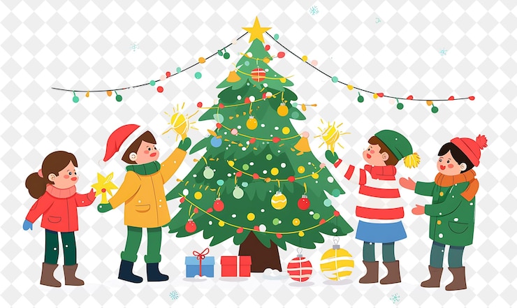 PSD children participating in a christmas tree lighting ceremony flat illustration festival of the world