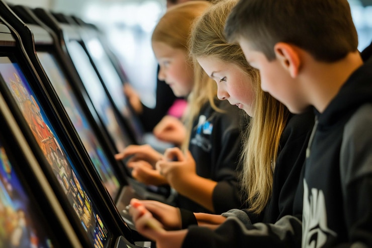 PSD アーケードでビデオゲームをしている子供たち