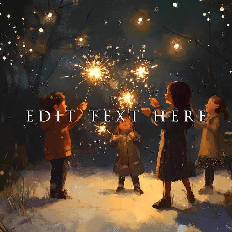 PSD children playing with sparklers in snowy night