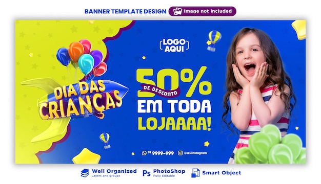 PSD children's day banner in 3d render for marketing campaign in brazil in portuguese