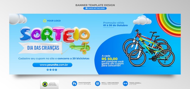 Children's day giveaway banner template in 3d render for marketing campaign in brazil in portuguese