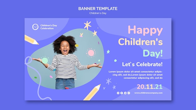 PSD children's day horizontal banner template with colorful details