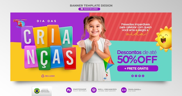 Children's day offers banner template in brazilian portuguese for marketing campaign