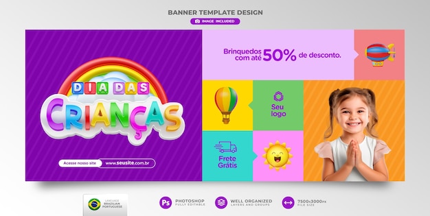 Children's day offers banner template in brazilian portuguese for marketing campaign