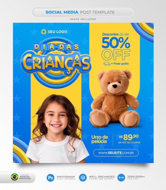 Children's day offers social media post in brazilian portuguese for marketing campaign