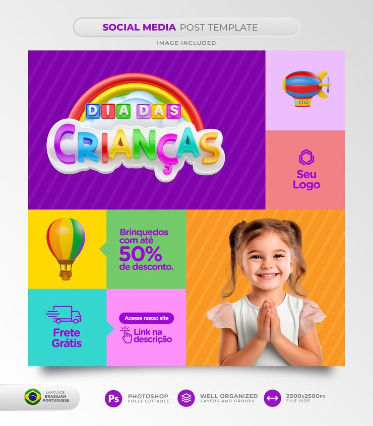 PSD こどもの日、マーケティング キャンペーンのためにブラジル系ポルトガル語でソーシャル メディア投稿を提供