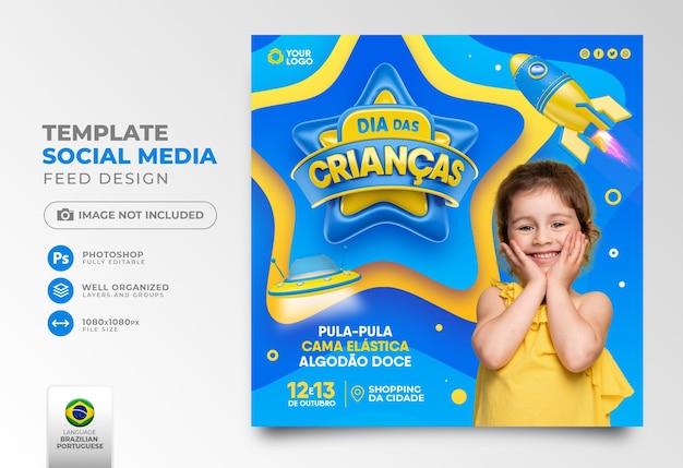 Children's day post social media in 3d render for marketing campaign in brazil in portuguese