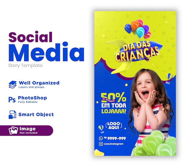 Children's Day Post Social Media in 3D render voor marketingcampagne in Brazilië in het Portugees