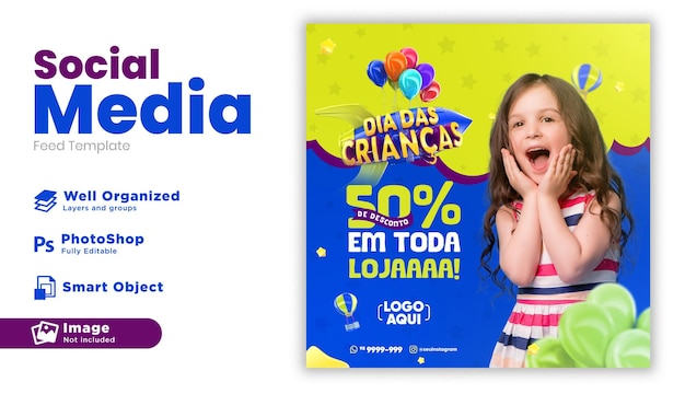 Children's day post social media in 3d render voor marketingcampagne in brazilië in het portugees