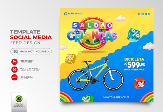 Children's day sale post social media in 3d render for marketing campaign in brazil in portuguese