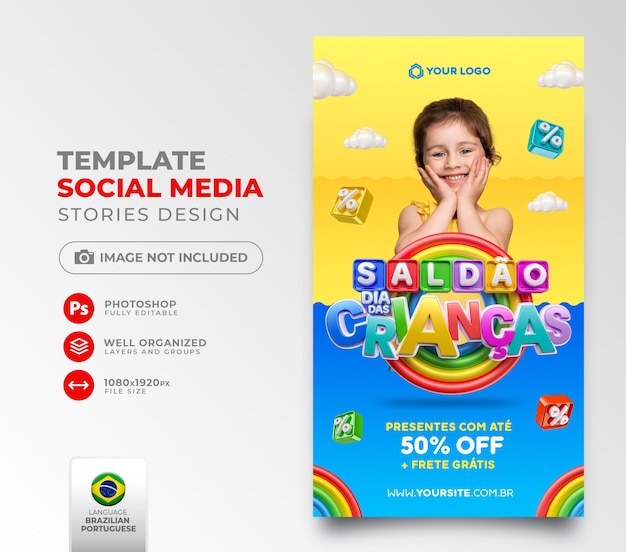 PSD children's day sale post social media in 3d render for marketing campaign in brazil in portuguese