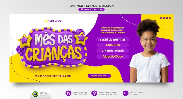 Banner del mese dei bambini in rendering 3d per la campagna di marketing in brasile in portoghese