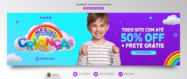 PSD banner del mese dei bambini in rendering 3d per la campagna di marketing in brasile in portoghese