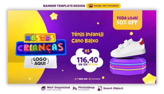 PSD banner del mese dei bambini in rendering 3d per la campagna di marketing in brasile in portoghese