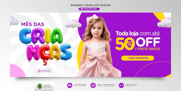 PSD children's month offers banner template in brazilian portuguese for marketing campaign