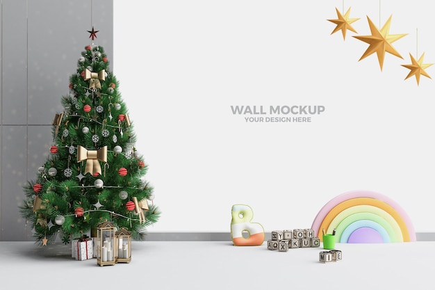 PSD children's room wall mockup with christmas decoration