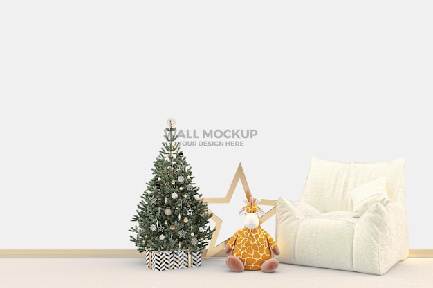 PSD children's room wall mockup with christmas decoration