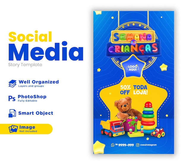 PSD children's week  post social media 3d render for marketing campaign in brazil in portuguese