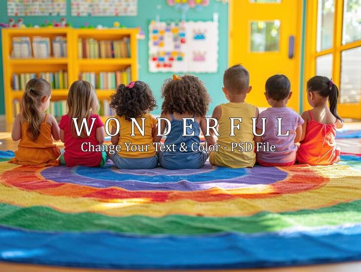 PSD children sitting in a circle on a colorful rug in a classroom