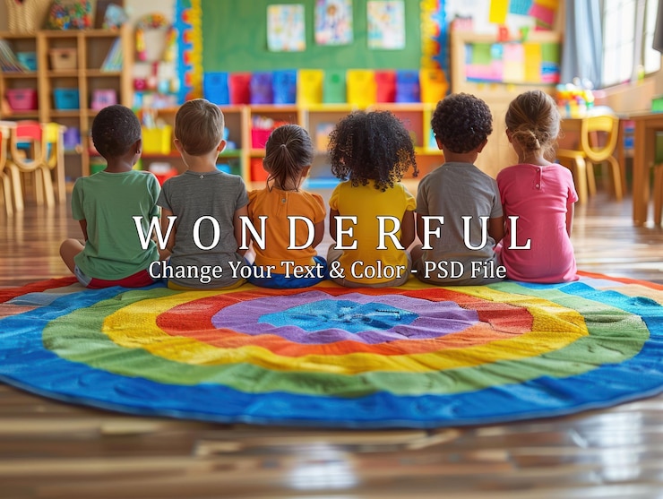 PSD children sitting on a colorful rug in a classroom