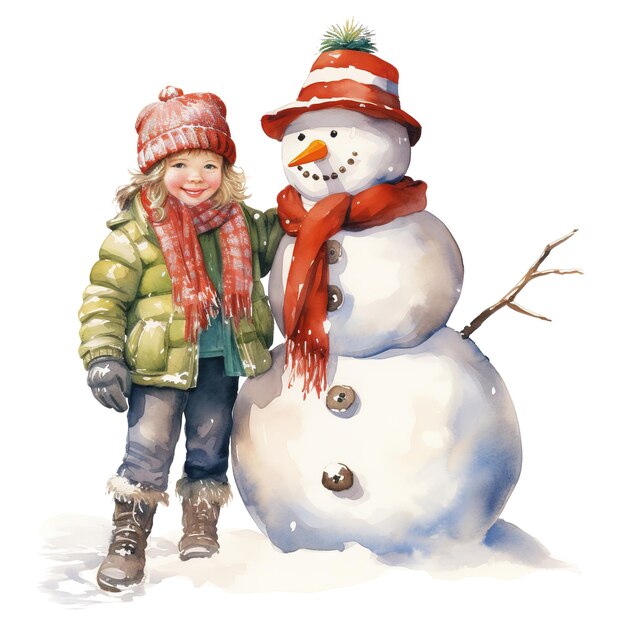 PSD children and snowman for christmas event watercolor style ai generated