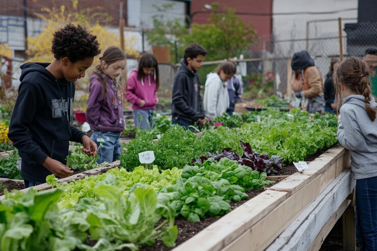 PSD children tending a vibrant community garden examining various leafy greens and herbs in raised garden beds