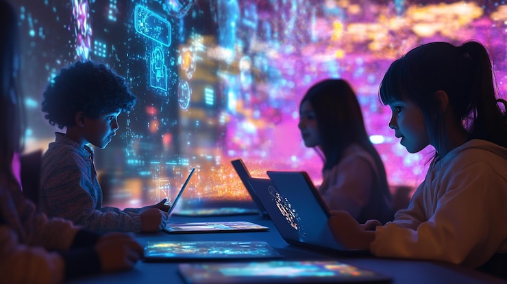 PSD children using laptops and tablets illuminated by futuristic digital interface