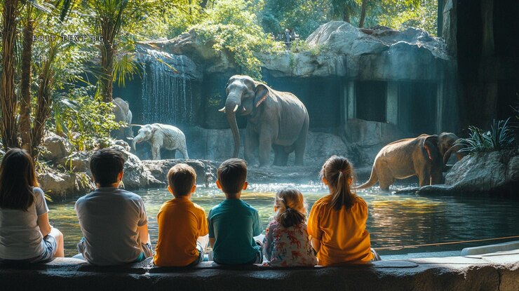 PSD 動物園 の 囲い で ゾウ を 見 て いる 子供 たち