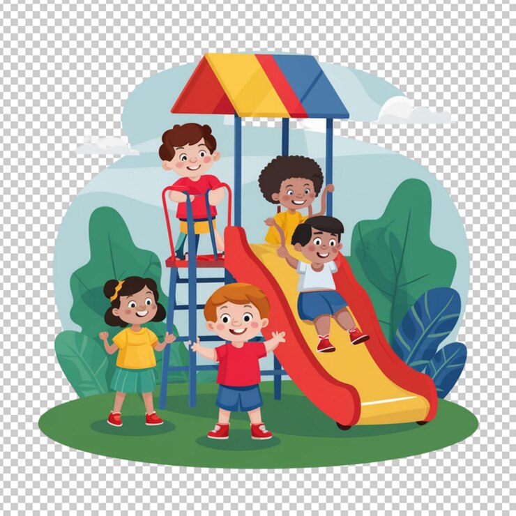 PSD children with different race playing at the playground slide isolated on transparent background