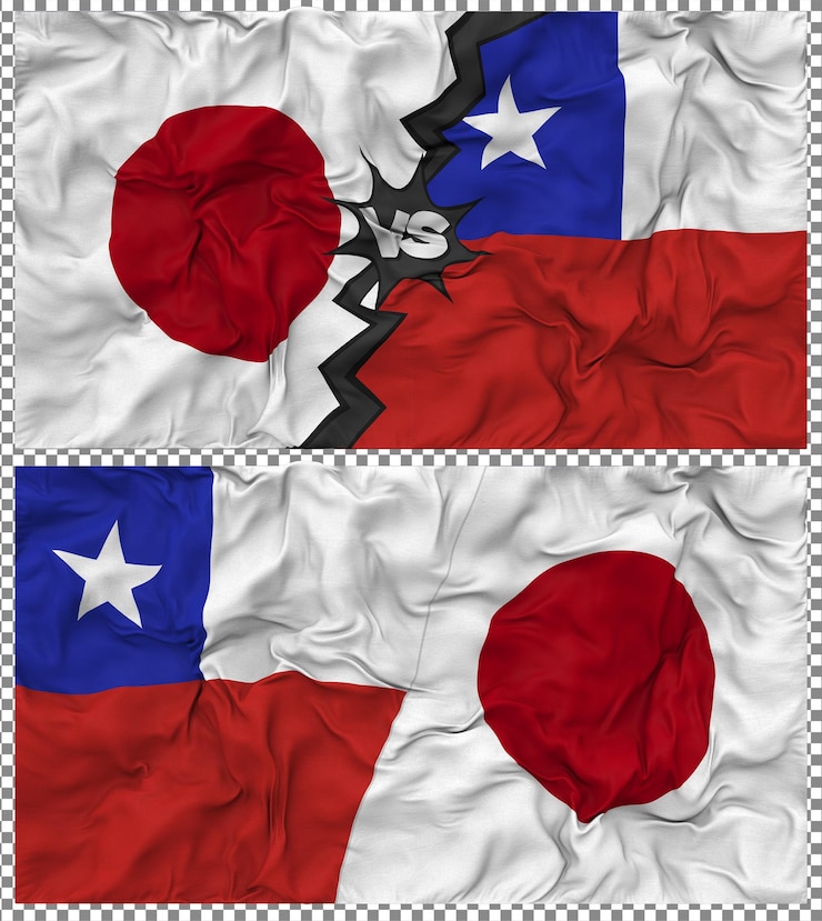 PSD チリ vs 日本 ハーフ・コンビネッド・フラッグ・クラフ・バンプ・テクスチャー 3dレンダリング