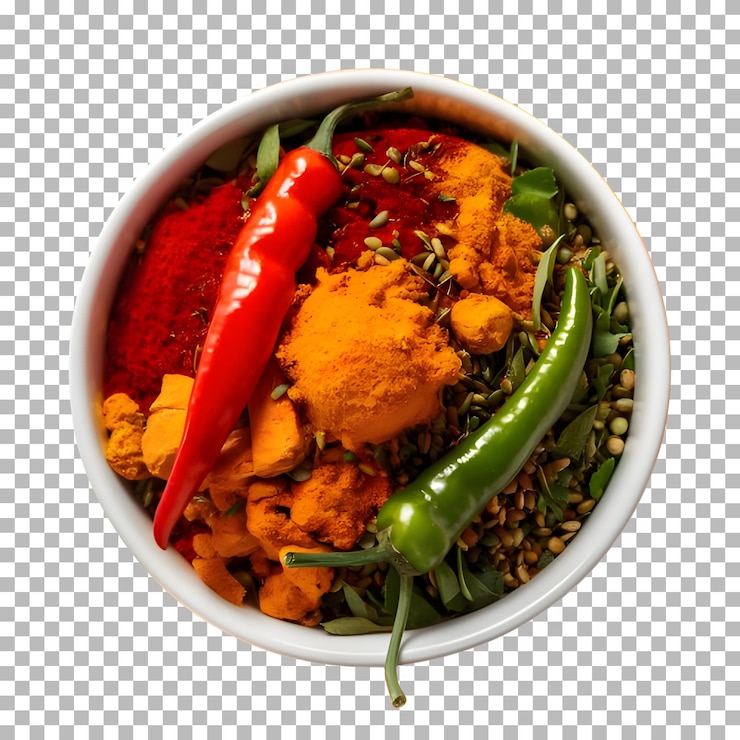 PSD chili pepper turmeric and coriander in separate bowl on transparent background