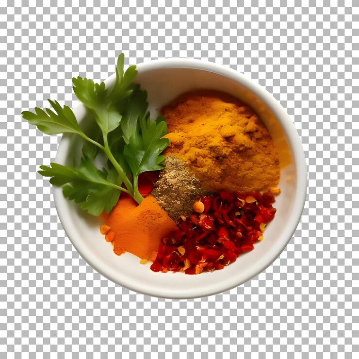 PSD chili pepper turmeric and coriander in separate bowl on transparent background