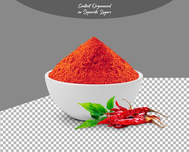 PSD chili powder in white bowl isolated on transparent background