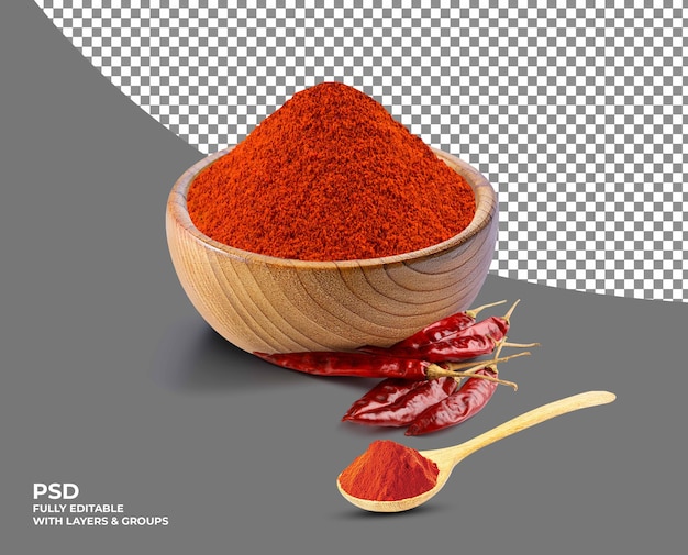 chili powder in wooden bowl with isolated on background psd