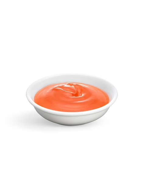 Chili sauce in white ceramic cup transparent background