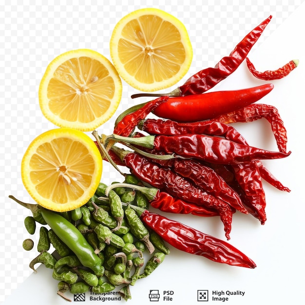 PSD chilies dry green chilies a red chilies isolated background lemon dry