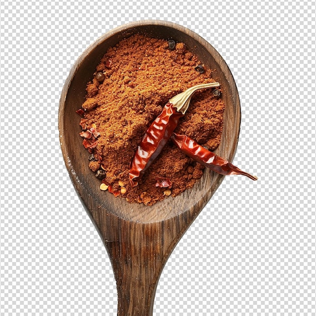 PSD chilli powder in wooden spoon isolated on transparent background