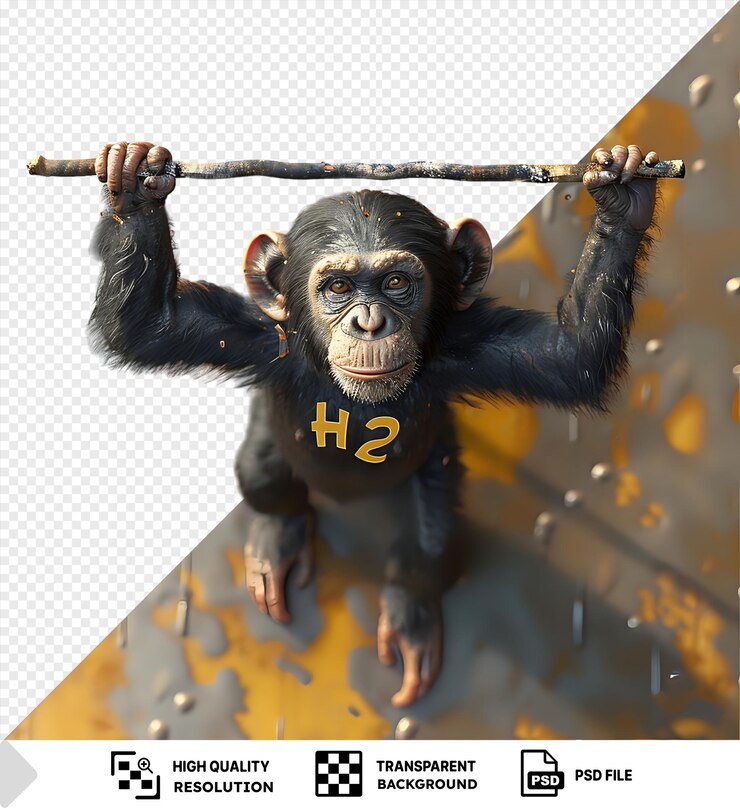 PSD chimpanzee hanging on branch transparent background
