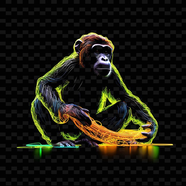 PSD chimpanzee jungle discovery whirling neon lines bananas clim png y2k shapes transparent light arts