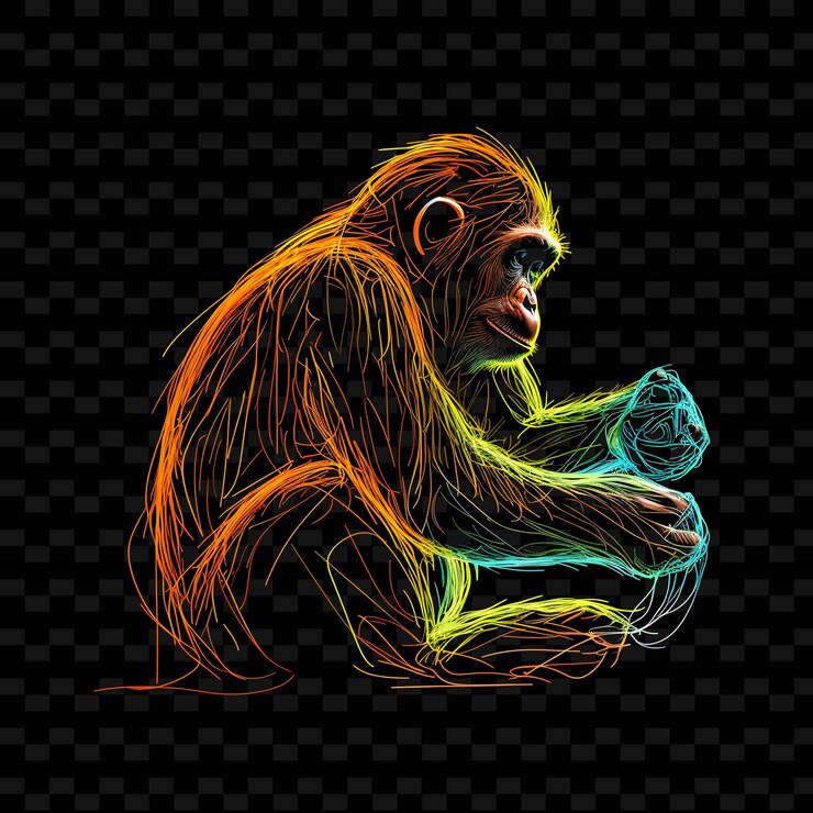 PSD chimpanzee jungle discovery whirling neon lines bananas clim png y2k shapes transparent light arts