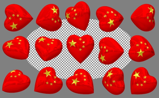 Китайский 3D-флаг сердца изолирован в разных позициях 3D-рендеринг