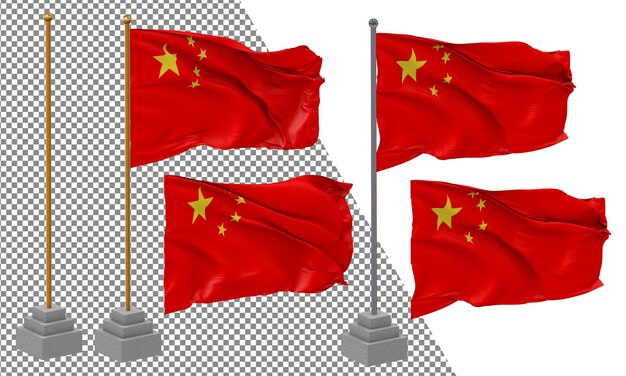 PSD china flag waving different style with stand pole isolated 3d rendering