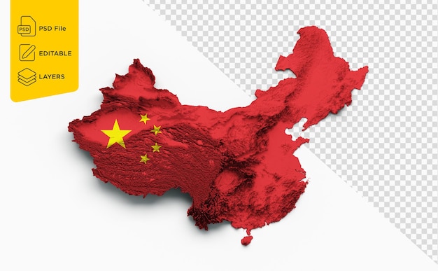 PSD china map china flag shaded relief color height map on isolated background 3d illustration