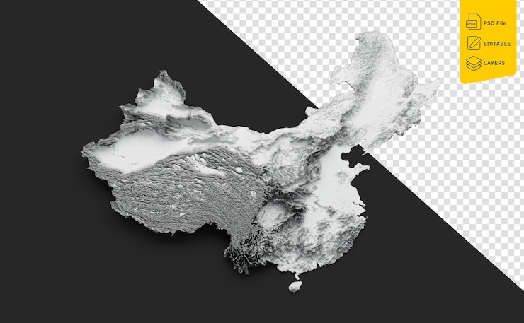 PSD china map flag shaded relief color height map on black background 3d illustration