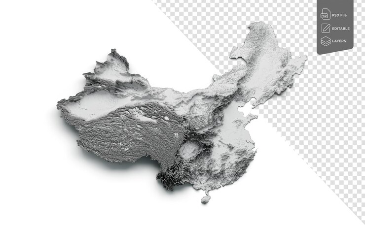 PSD china map flag shaded relief color height map on white background 3d illustration