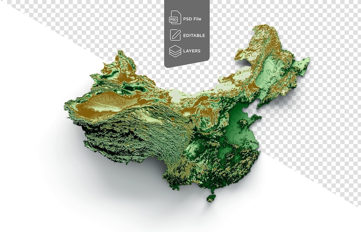PSD china topographic map 3d realistic map color 3d illustration