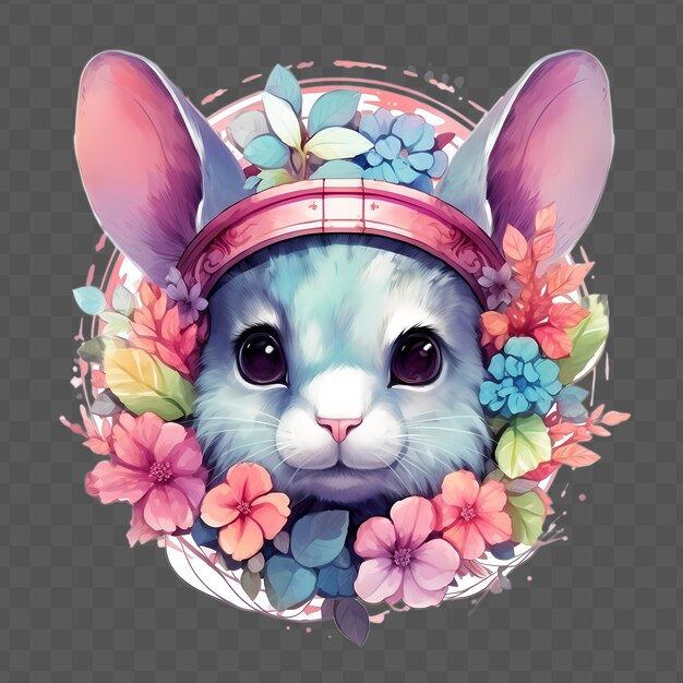 PSD chinchilla head with flowers on his head in the s waterclor style isolated psd transparent design