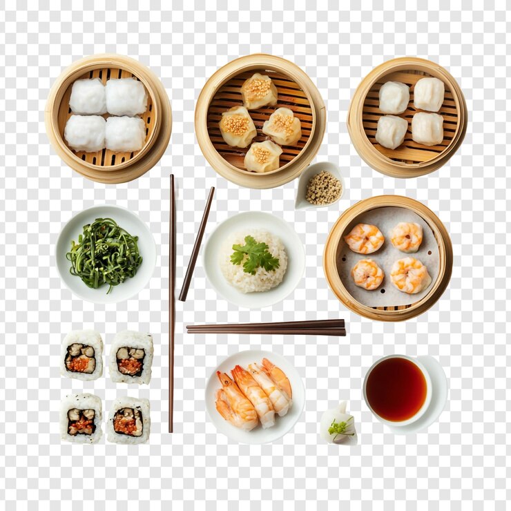 PSD chinees eten met dim sum sushi garnalen en thee