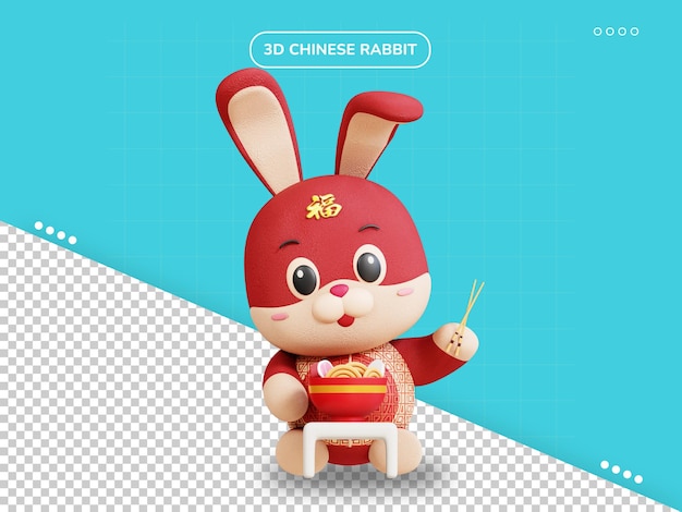 Chinees konijn dat noedel 3d karakter eet